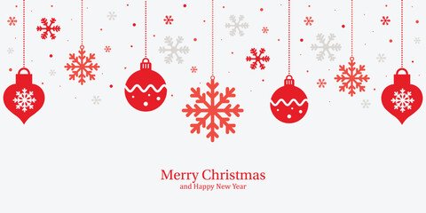 Festive Christmas and New Year greeting design. Collection of snowflakes, xmas baubles hanging and red decorations against a light background. - obrazy, fototapety, plakaty