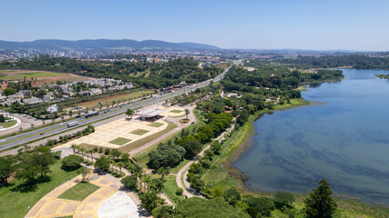 Aerial view of Parque da Cidade in the city of Jundiai, Sao Paulo, Brazil. Park with a dam.