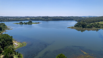 Aerial view of Parque da Cidade in the city of Jundiai, Sao Paulo, Brazil. Park with a dam.
