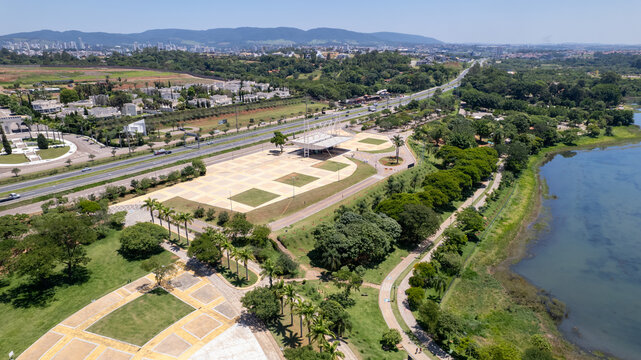 Aerial view of Parque da Cidade in the city of Jundiai, Sao Paulo, Brazil. Park with a dam.
