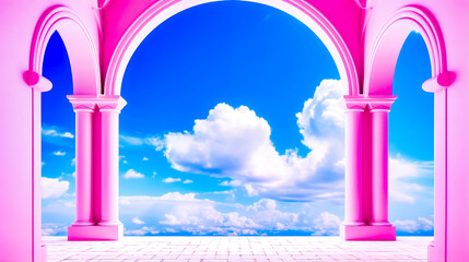 Fototapeta premium Pink archway with blue sky and white clouds in the back ground.