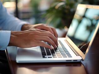 Close-up of hands working with laptop.