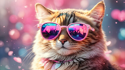 Red cat in pink sunglasses with hearts and bokeh on the vibrant background