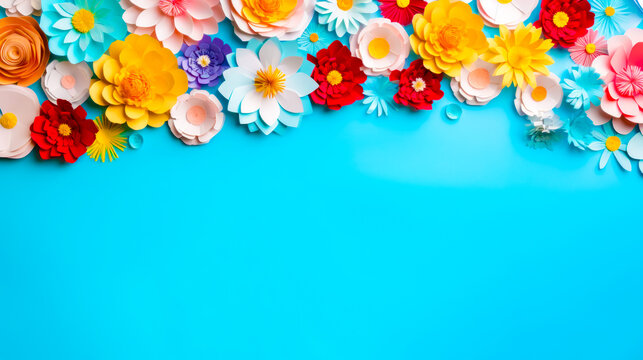 Paper flowers on blue background with place for text or image.