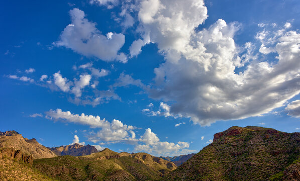 Capturing the serene beauty of Sabino Canyon, this image features the Santa Catalina Mountains basked in the soft glow of sunrise, with expansive clouds adorning the azure sky.