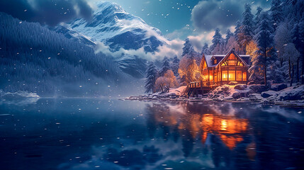 Cozy wooden house in the forest by the lake in the snowy Alps, Generative AI illustration