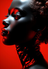 Black and red portrait of women face with juxtaposition of light and shadow. Optical illusion body art concept. AI generative