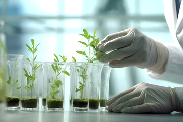scientist holds the small plant when sunlight streams through the plant-growing lab, illuminating rows of verdant plants alongside gleaming laboratory equipment. 
