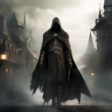 Portrait of a cloaked assassin walking through a medieval town in search of his target
