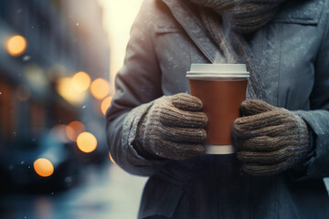 Person having hot coffee on the go outdoors on winter day. Person is having a walk with hot drink. Enjoying coffee on the go