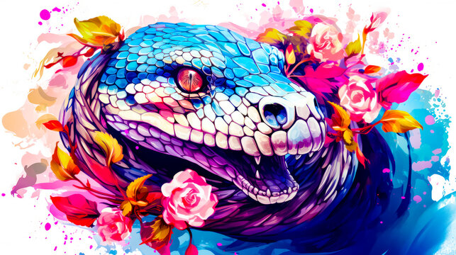 Painting of blue snake with pink flowers on it's head.