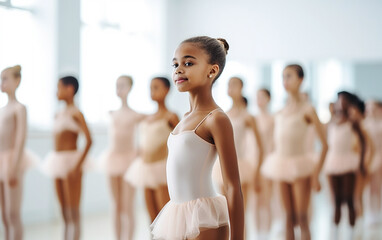 Black-skinned 7 years old ballerina in dance studio - ballet and dancer concept - obrazy, fototapety, plakaty