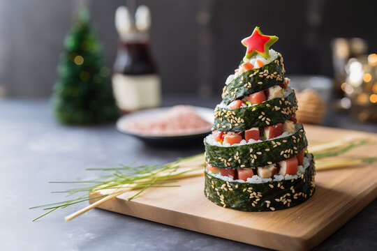 The concept of sushi on New Year night. Fresh sushi roll with salmon and avocado in a pyramid with Christmas decorations. Traditional japanese food. Sushi in form of christmas tree with copy space.