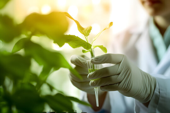 scientist holds the small plant when sunlight streams through the plant-growing lab, illuminating rows of verdant plants alongside gleaming laboratory equipment. 
