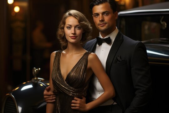 Beautiful flappers dressed in style of Roaring twenties . Vintage, retro party, fashion, girls friends, 1920s 1930s style gentlemen in a luxury, Flapper Chicago gangsters, nightlife elegance.