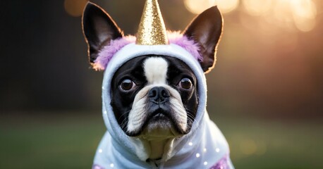 A Cute Boston Terrier Wearing Unicorn Pet Costume
