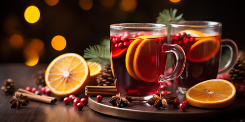 Christmas mulled red wine with aromatic spices and citrus fruits. Christmas background. Generated by AI