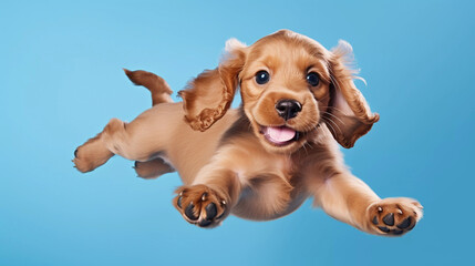 Happy English Cocker Spaniel Puppy Dog Runs and Jumps Isolated On Cyan Blue Background