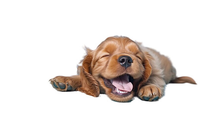 Happy English Cocker Spaniel Puppy Dog sleeping Isolated On Transparent Background