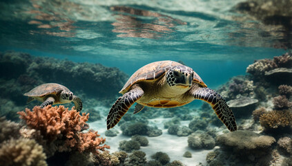 Obraz premium Graceful sea turtles swimming among coral formations - AI Generative