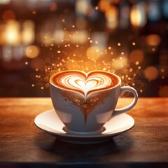 Cup of steaming hot coffee with a heart-shaped Ai generated delicious art