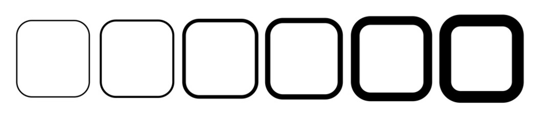 Set of rounded rectangles. Variations of black rectangle icons with transparent background. Frames filled with white colour.