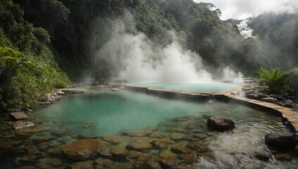 Naklejka na ściany i meble Hidden jungle hot springs with steam rising from the crystal-clear water - AI Generative