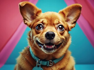 portrait of a happy puppy dog at a colorful background