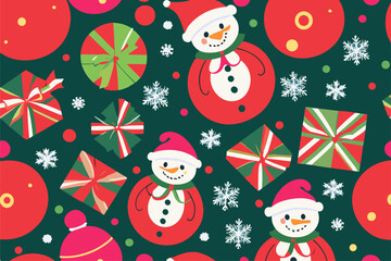 Vector christmas pattern with cartoon funny snowman in the red hat of santa claus, snowflakes, gifts on a black background. 2024 New Year's fashion ornament for fabric, paper, textiles.