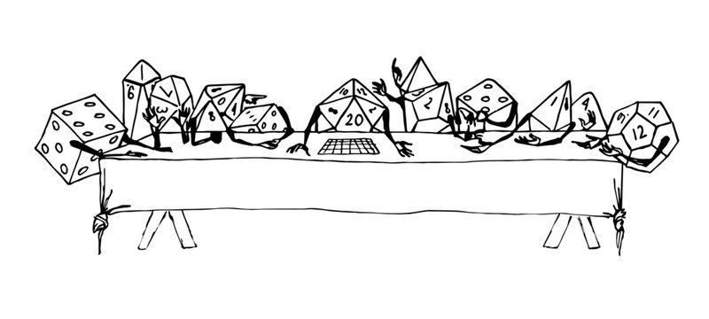 The last supper of a whole set of different dice. 