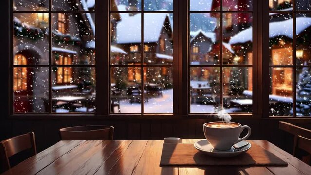 A Cup of Coffee on a Wooden Table in a Winter Christmas Cafe setting, Snowfall in the Background. Seamless Loop Animation