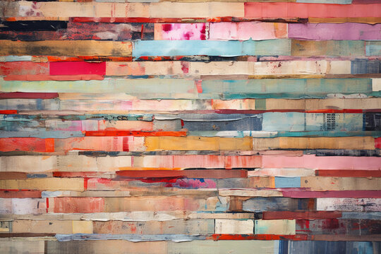 book spines, deconstructed and rearranged, pastel palette, multiple layers, texture overlays