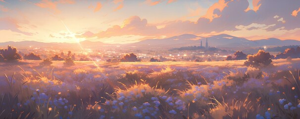 A vibrant field of lavender at sunset, with fragrant blooms aglow, cartoon style art. animation wallpaper. generative AI