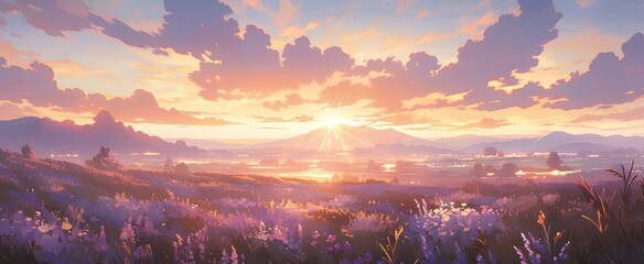 A vibrant field of lavender at sunset, with fragrant blooms aglow, cartoon style art. animation wallpaper. generative AI