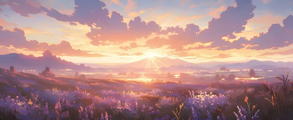 Zelfklevend Fotobehang A vibrant field of lavender at sunset, with fragrant blooms aglow, cartoon style art. animation wallpaper. generative AI © yj