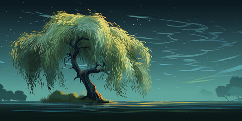 Willow in the Wind: A weeping willow tree animated with branches that appear to move in a gentle wind; pixel art, calming pastel color scheme