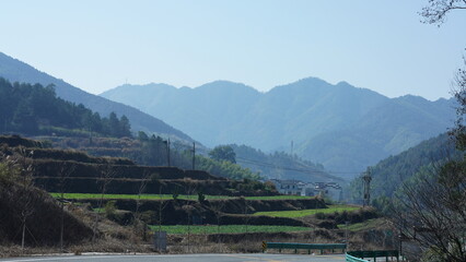 The beautiful countryside view with the old village and mountains on the south of the China