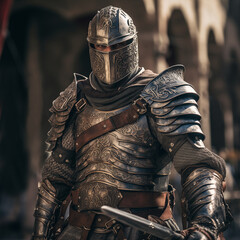 Portrait of a powerful knight standing guard with sword in hand
 - obrazy, fototapety, plakaty