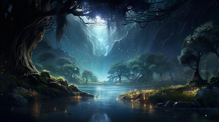 Fototapeta premium Ethereal landscape, enchanted forest bathed in moonlight, centaur guardian, glowing willow trees, bioluminescent flora, waterfall mist, subtle fireflies, soft ambient lighting