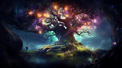 Obraz na płótnie Canvas Fantasy Magic Tree: A mysterious, glowing, magical tree with vibrant, bioluminescent fruit and flowers, set in an enchanted forest