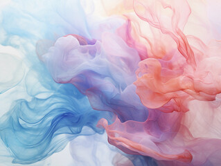 Obraz premium Fluid watercolor swirls of teal, coral, and lavender gracefully merging into one another, soft focus, dream-like atmosphere