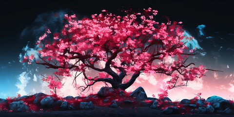 Glitch Art Cherry Blossom: A cherry blossom tree in full bloom, digitally distorted to evoke a sense of surrealism; vibrant pink blossoms, strong contrast