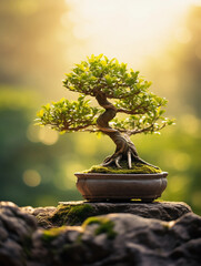 Bonsai: Close-up of a meticulously cared-for bonsai tree, with every leaf and root visible; Zen garden setting, natural ligh