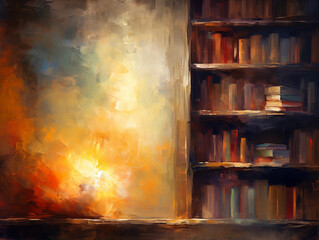 Impressionist bookshelf, thick brush strokes, vibrant hues, oil painting texture, golden light pouring in