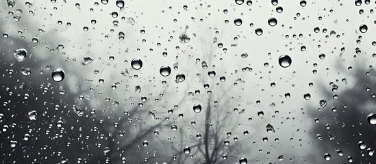 The autumn rain gently tapped against the window creating a mesmerizing pattern of droplets on the glass surface the monochrome hues reflected the soft light giving a wet and dewy effect whi - obrazy, fototapety, plakaty