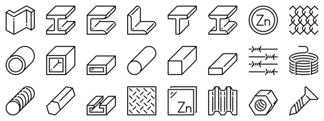 Icon set about steel products. Line icons on transparent background with editable stroke.