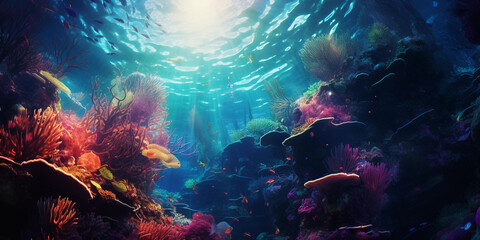 Fototapeta na wymiar Underwater swimming, psychedelic patterns, coral reef, swirling vortex, dreamlike, mystical, vivid colors