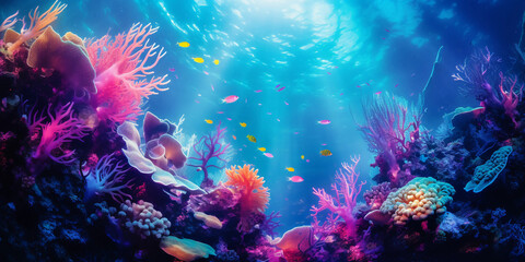 Underwater swimming, psychedelic patterns, coral reef, swirling vortex, dreamlike, mystical, vivid...