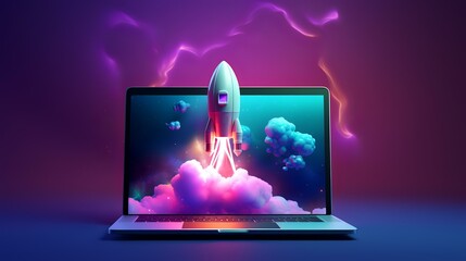 Digital illustration of laptop and rocket purple