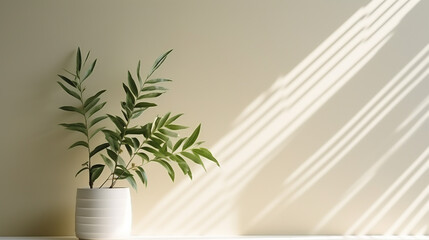 Blurred shadow from leaves plants on the white wall. Minimal background. AI Generative